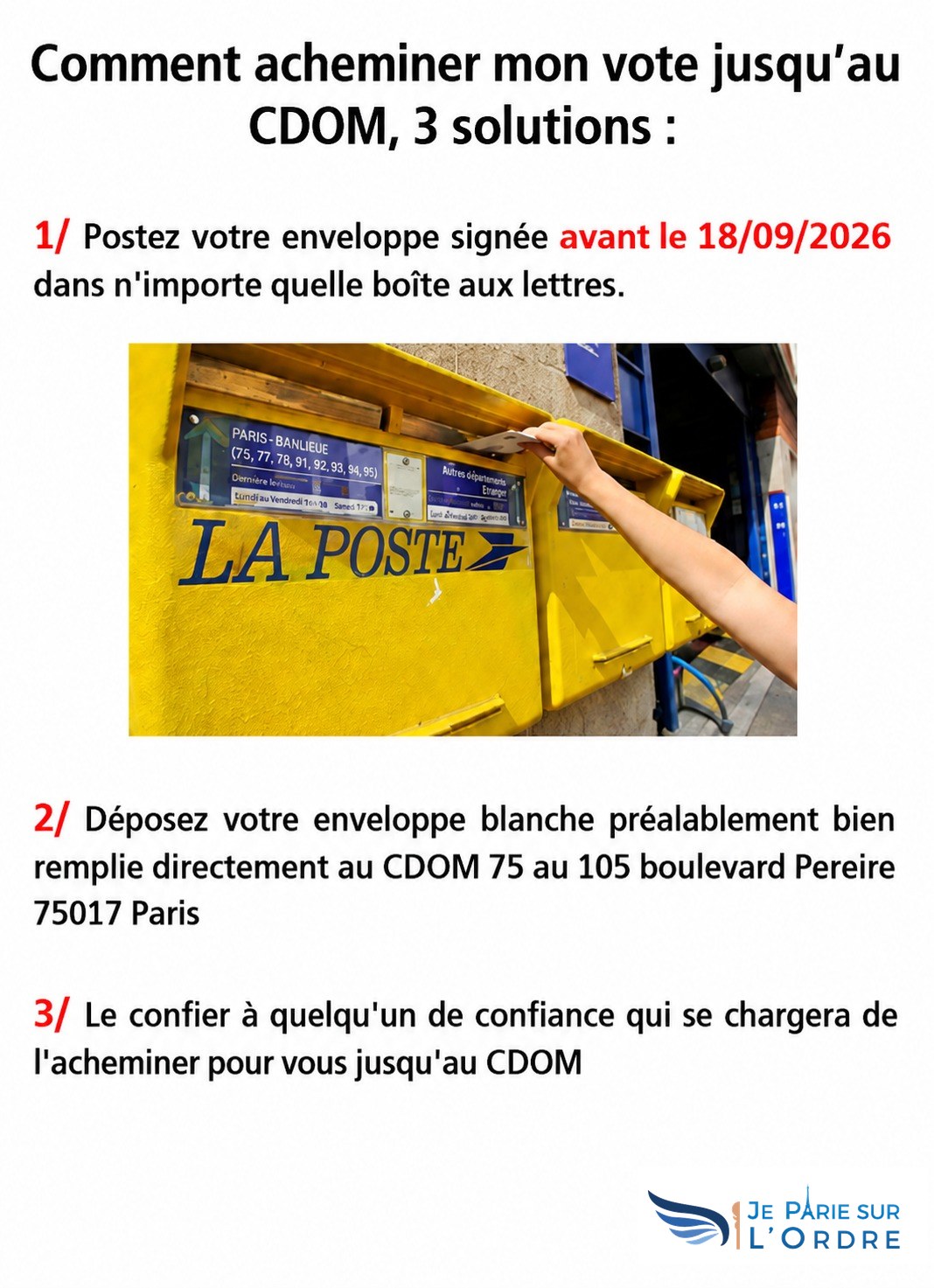 Les trois façons d'acheminer son vote jusqu'au CDOM : boîte aux lettres avant le 18 septembre 2026, dépôt au 105 boulevard Pereire, ou une personne de confiance