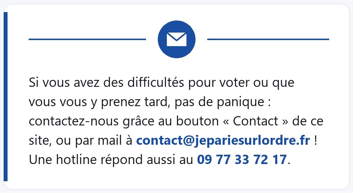 Des difficultés pour voter ? Écrivez à contact@jepariesurlordre.fr ou appelez la hotline au 09 77 33 72 17